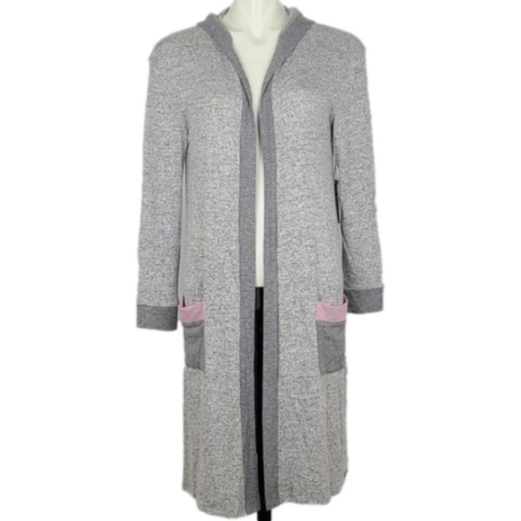 La Vie en Rose Open Front Hooded Cardigan Heathered Grey Pin Pockets Size XS / S - Picture 1 of 14